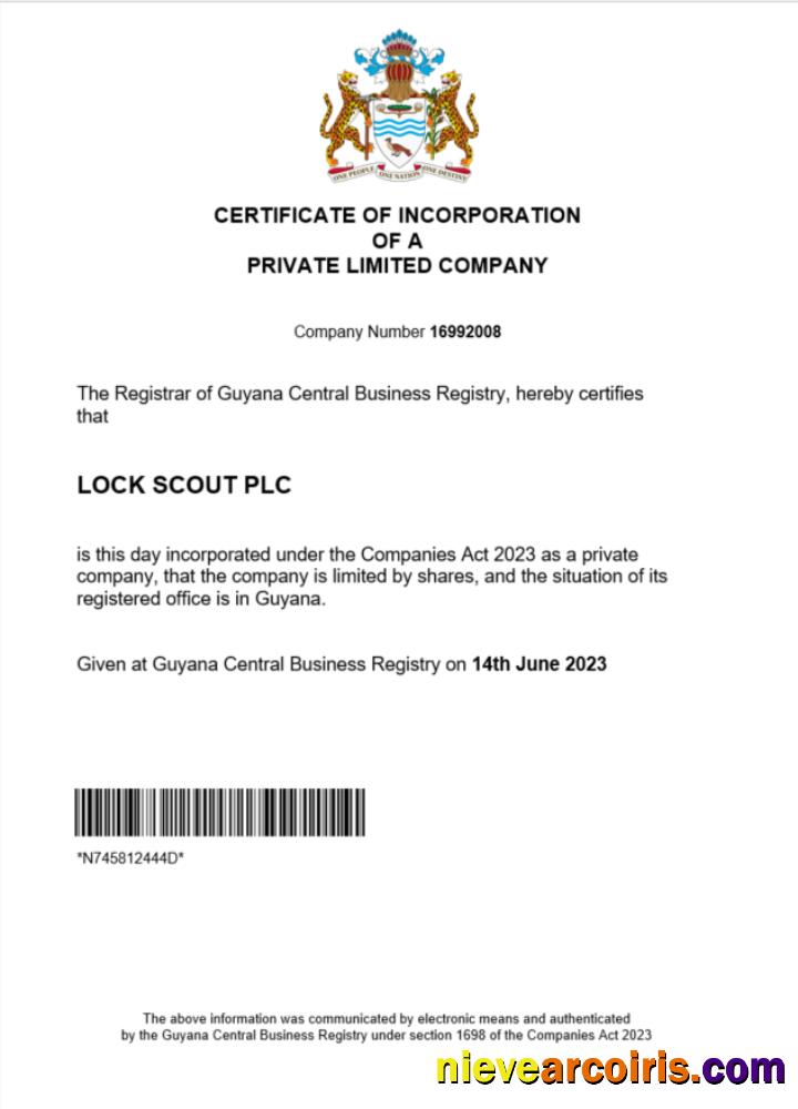 Guyana certificate of registration